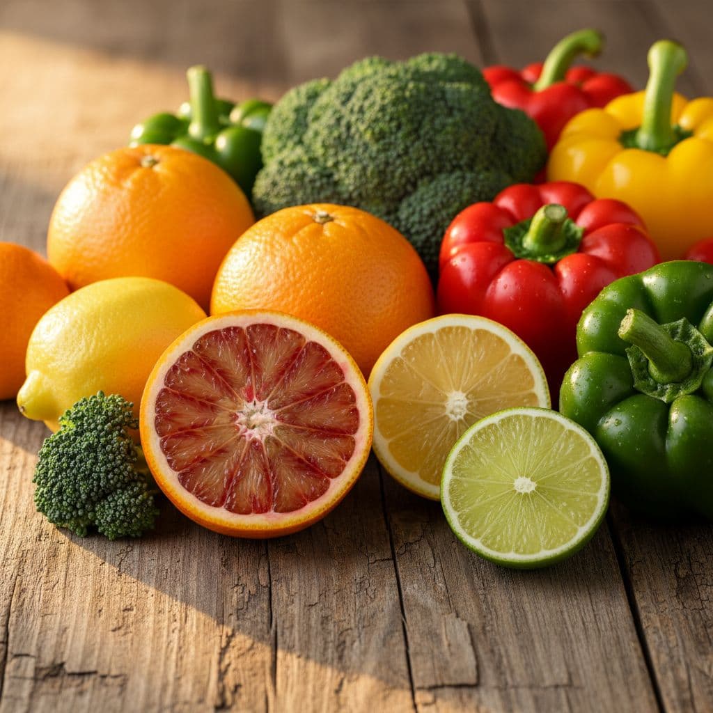 An assortment of oranges, lemons, broccoli, and peppers arranged on a rustic wooden table.