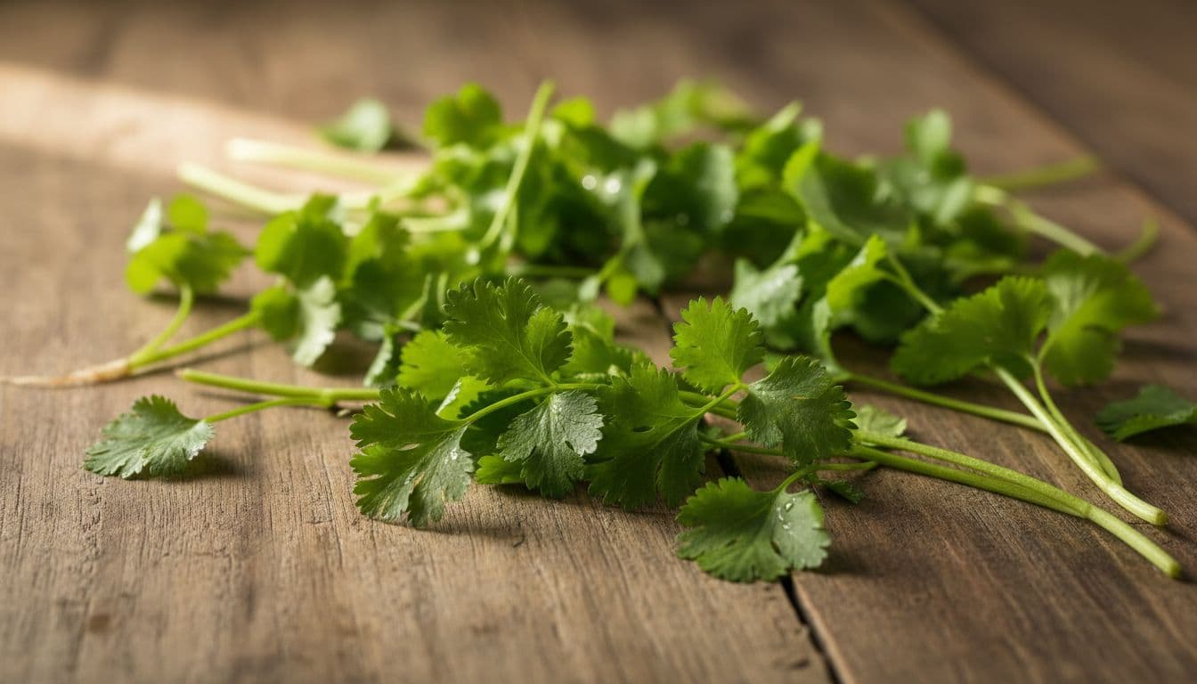 Vibrant fresh green coriander leaves and stems scattered on a rustic wooden kitchen table, captured in a realistic photographic style with natural daylight.