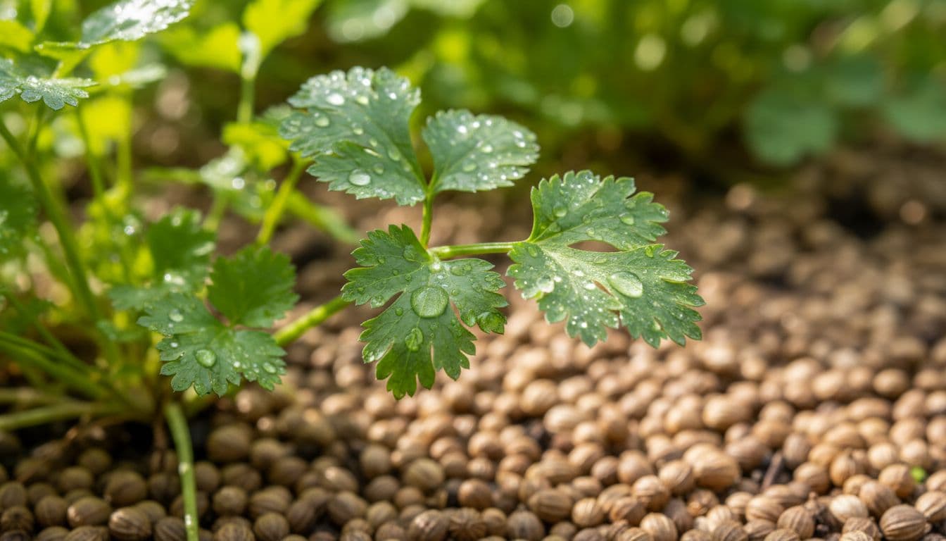 Close-up of vibrant green coriander leaves adorned with water droplets and seeds in a natural earthy garden setting, illuminated by soft natural sunlight.