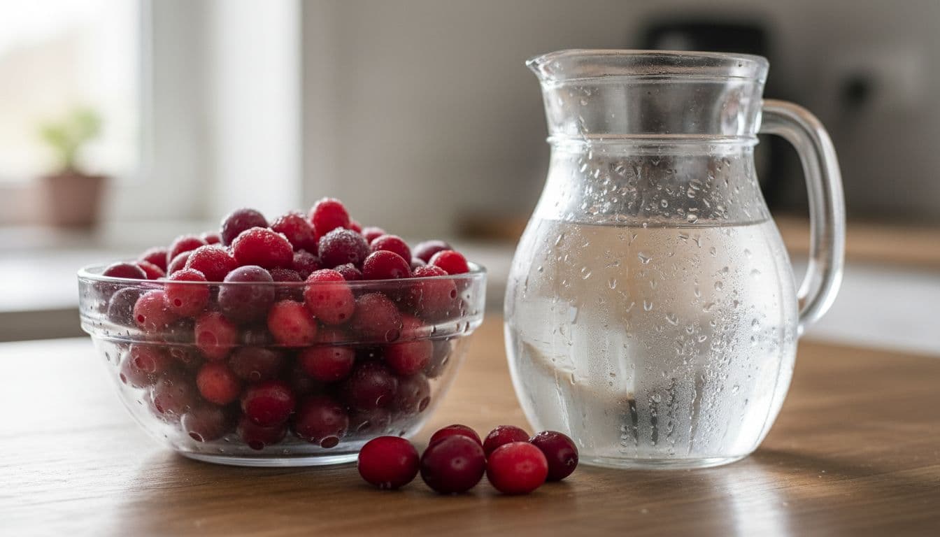 Fresh cranberries in a glass bowl next to a water pitcher on a wooden table.