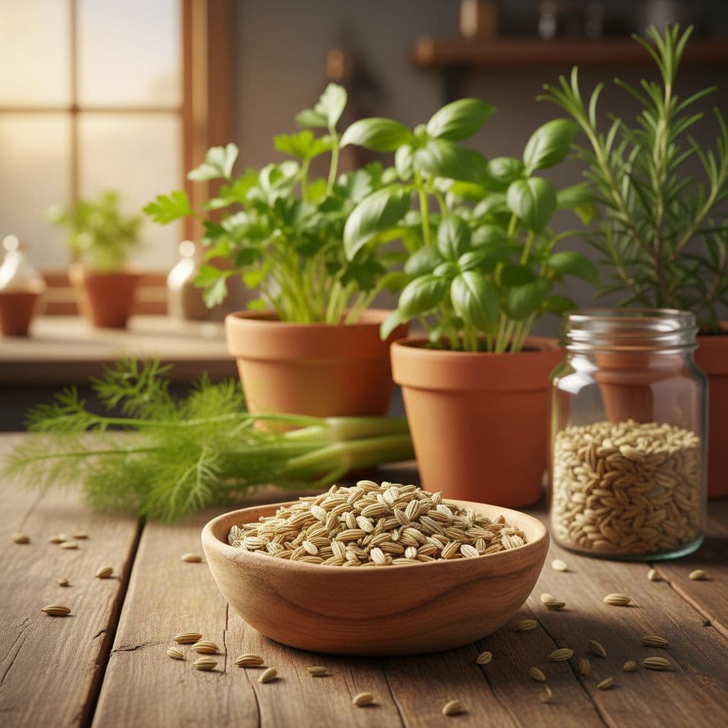 Fresh fennel seeds in a wooden bowl on a kitchen table with a fresh herbs background, under warm natural light, detailed and photorealistic, no people, hands, or text.