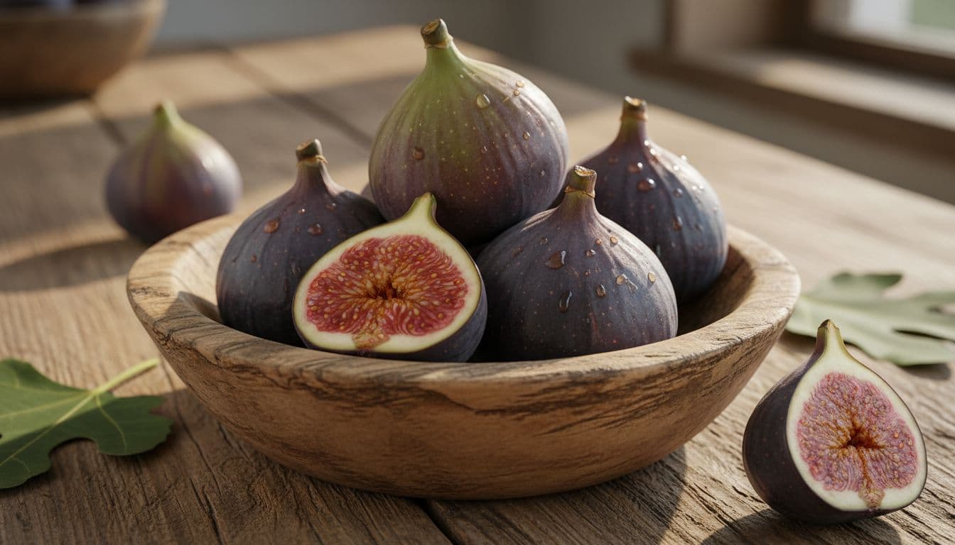 Close-up of five vibrant fresh figs in a wooden bowl on a rustic kitchen table, lit by natural sunlight with soft shadows, high detail, and lively colors, emphasizing nutritional appeal.