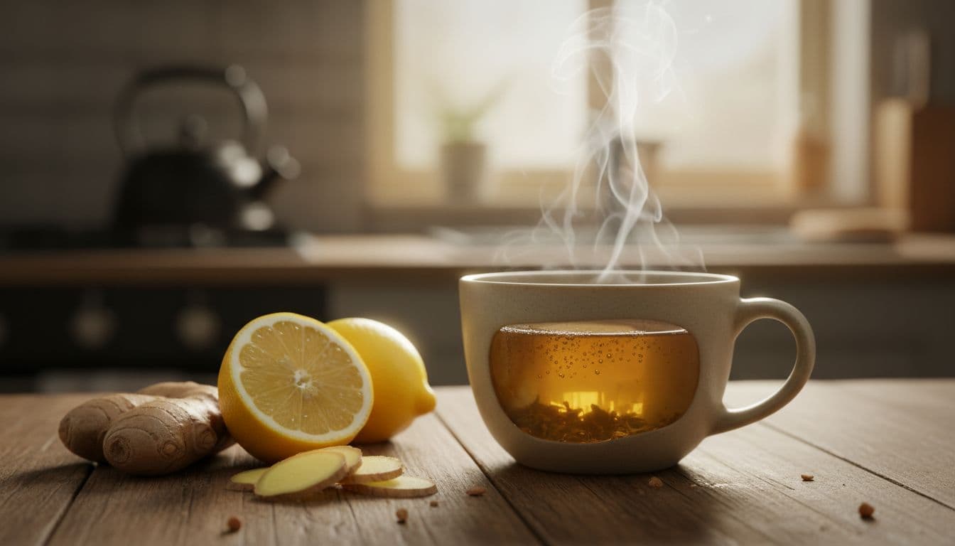 Fresh ginger slices, lemon halves, and steaming herbal tea cup on wooden table.