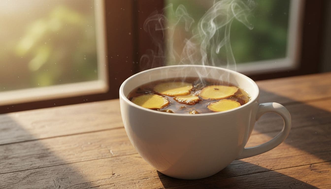 Fresh ginger slices in white ceramic cup of steaming tea on wooden table with soft sunlight.