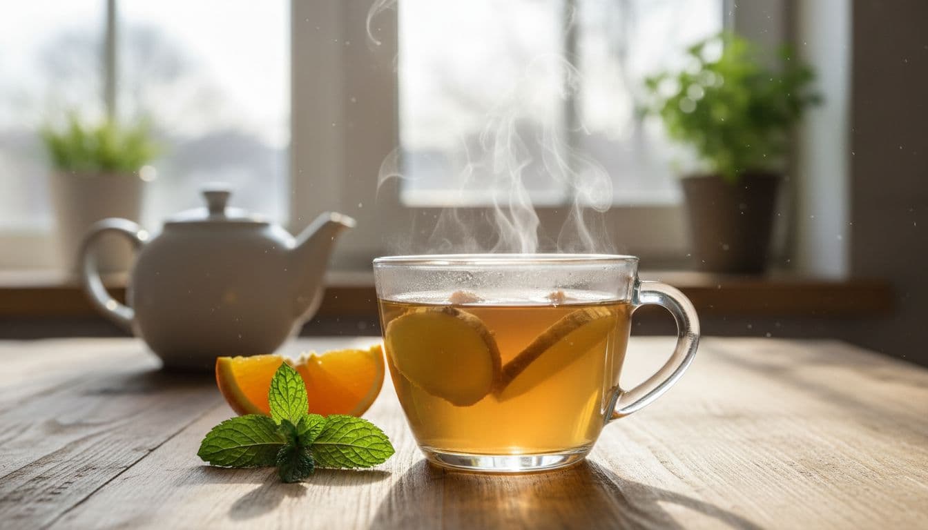 Cup of hot ginger tea with fresh root on wooden table, steam rising near mint leaves and lemon slice.