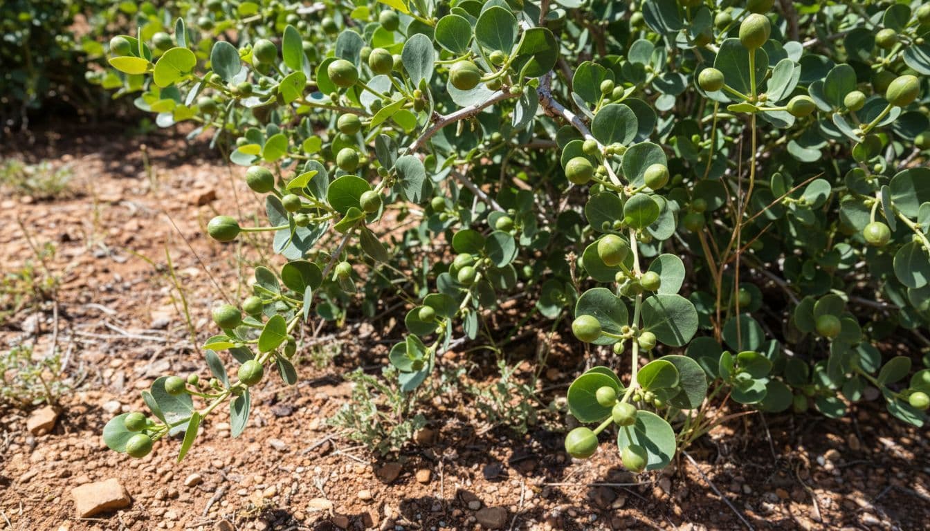 Fresh green caper flower buds on the branches of a caper bush in a sunny Mediterranean garden, featuring bright leaves, rocky ground, natural light, and detailed bud textures.