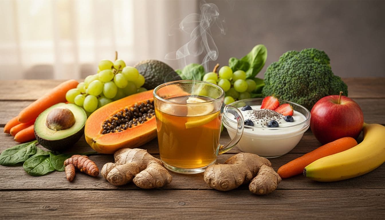 Fresh healthy foods like ginger tea, yogurt, fruits, and vegetables arranged on a wooden table, promoting good digestion with warm natural lighting in photorealistic style.