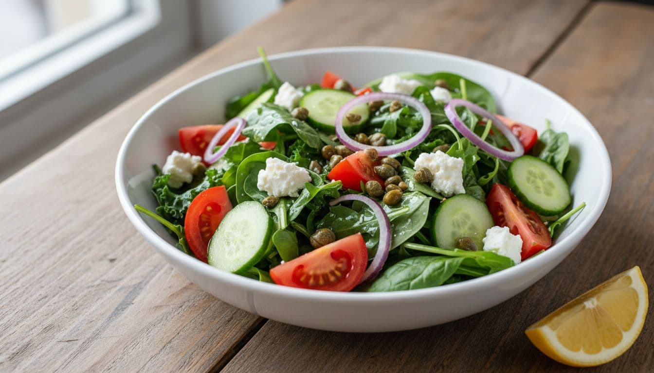 White bowl of green salad with sliced tomatoes, cucumbers, red onion, feta crumbles, and chopped capers, lemon wedge on wooden table.