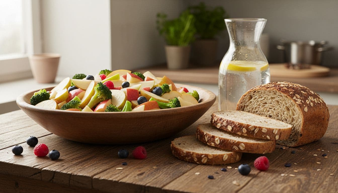 Fruity salads with apples, pears, broccoli, and wholegrain bread on a wooden table.