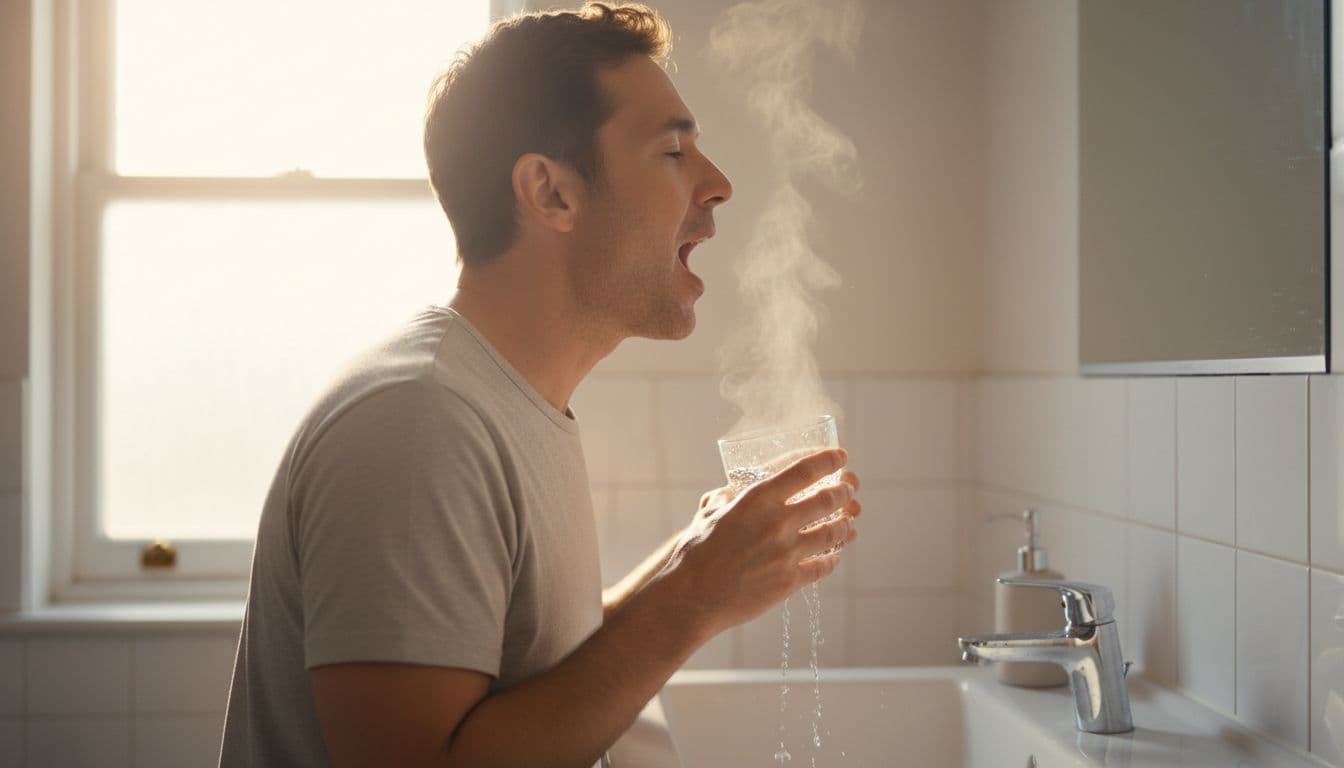 Adult gargles salt water over bathroom sink in side view with relaxed posture and loose glass hold.