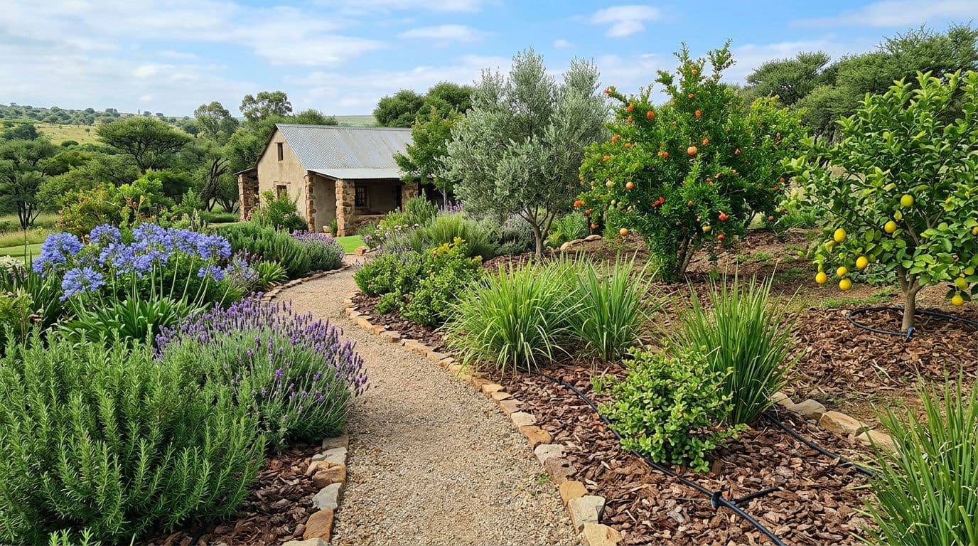 Photorealistic tidy garden scene in South African Highveld Gauteng style featuring grouped plantings of greywater-tolerant plants like rosemary, lavender, agapanthus, olive, pomegranate, citrus trees, lemongrass, vetiver grass, and spekboom with subtle mulch basins, driplines, healthy growth, and natural daylight.
