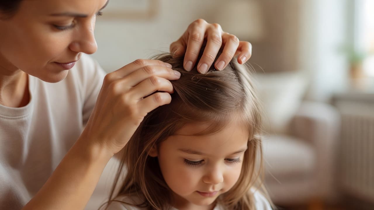 A close-up view shows a mother's hands delicately parting her young child's dark hair to inspect the scalp. Warm natural light illuminates the scene, highlighting the caring and patient interaction.
