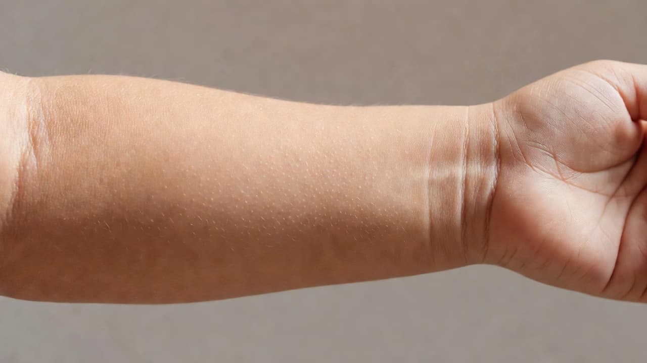 Die sagte, gladde vel op die arm van 'n jong kind word in helder natuurlike lig vertoon. Die fokus val op die egte tekstuur van die vel sonder enige vlekke of irritasies.