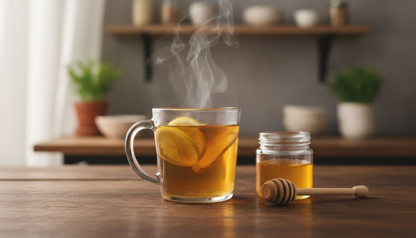 Steaming cup of tea with fresh ginger slices, lemon slice, and honey jar on wooden kitchen table.