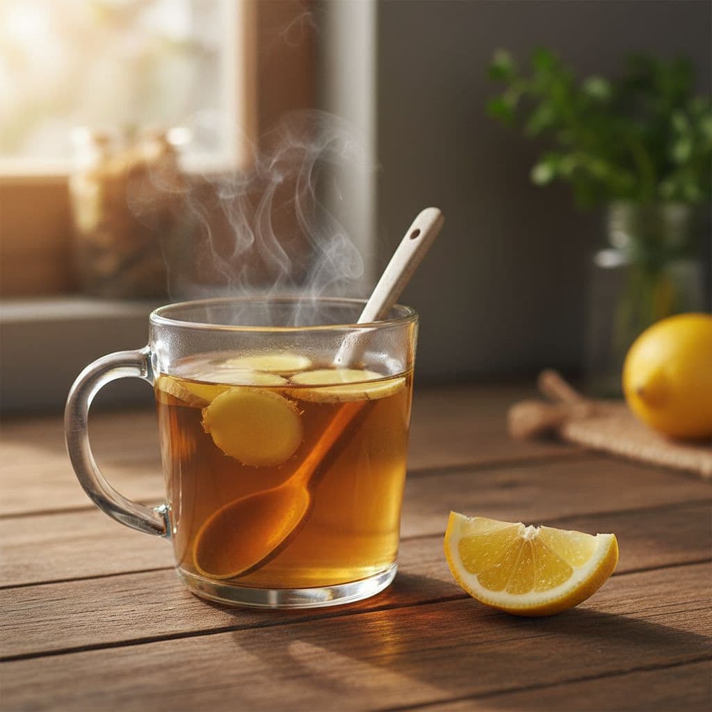Fresh ginger slices in steaming herbal tea on wooden table with lemon slice nearby.
