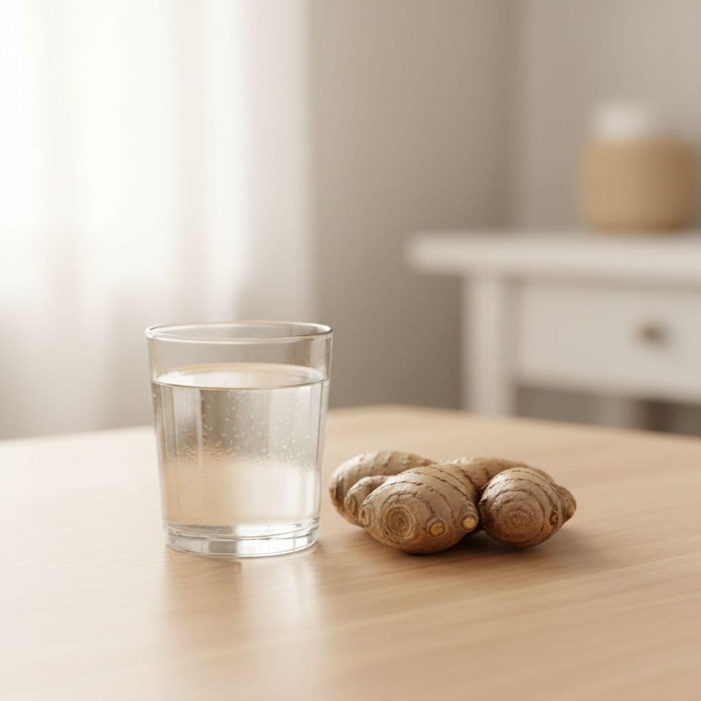 A glass of water and fresh ginger root on a light wooden table with natural lighting.