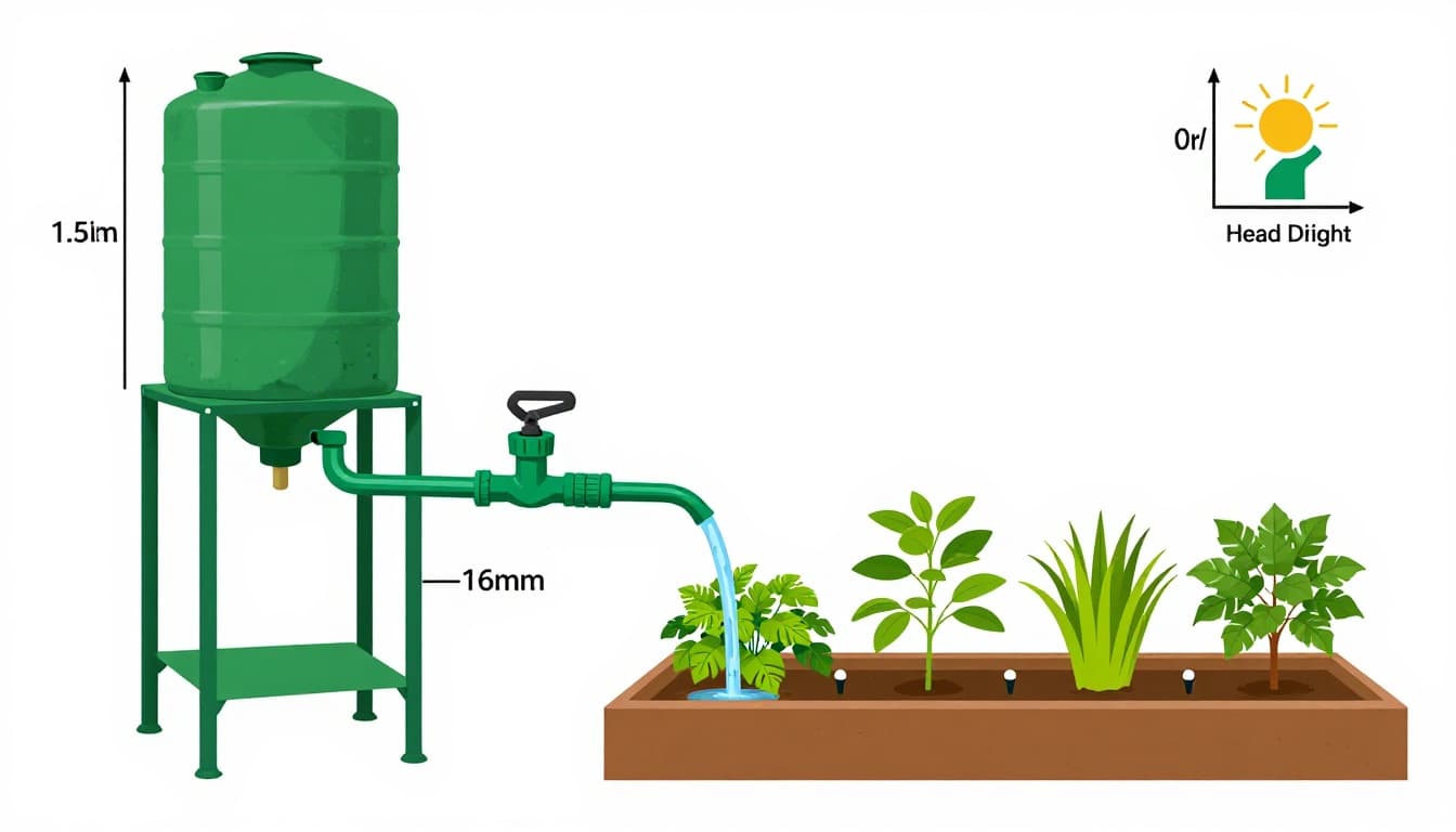 Clean vector infographic diagram of a simple gravity-fed drip irrigation system for South African gardens, featuring an elevated green JoJo tank, filter, valve, main pipe, and drippers with water flow arrows and labels.