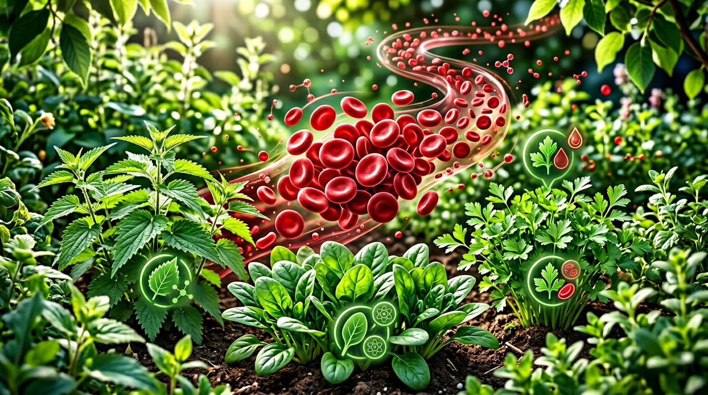 Fresh green herbs like nettle and spinach surround healthy red blood cells in a natural garden setting with abstract blood elements, symbolizing natural support for blood health. Modern infographic style featuring green and red colors, soft natural light, and high detail with exactly three herb elements.