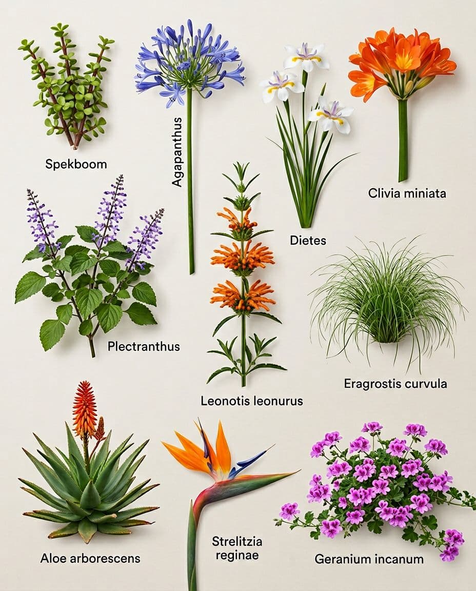 Clean modern infographic flat-lay collage showcasing 10 greywater-friendly South African plants: Spekboom, Agapanthus, Dietes, Clivia, Plectranthus, Leonotis leonurus, Eragrostis curvula, Aloe arborescens, Strelitzia reginae, and Geranium incanum, each labeled clearly on a neutral background.