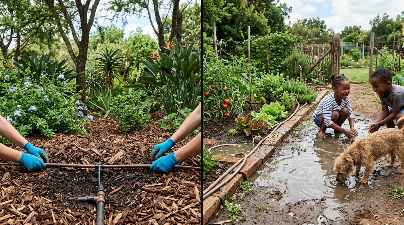 Photorealistic split-scene in a South African garden: left shows correct subsurface dripline greywater irrigation into mulch basin under trees and shrubs with gloves handling and no pooling; right depicts unsafe surface pooling near vegetable bed with children and pets.