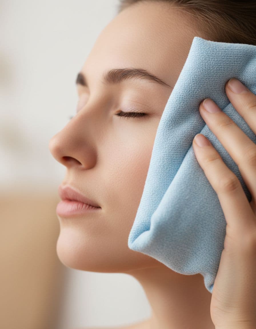 Hand holds cloth-wrapped ice pack gently on serene face's temple with closed eyes.