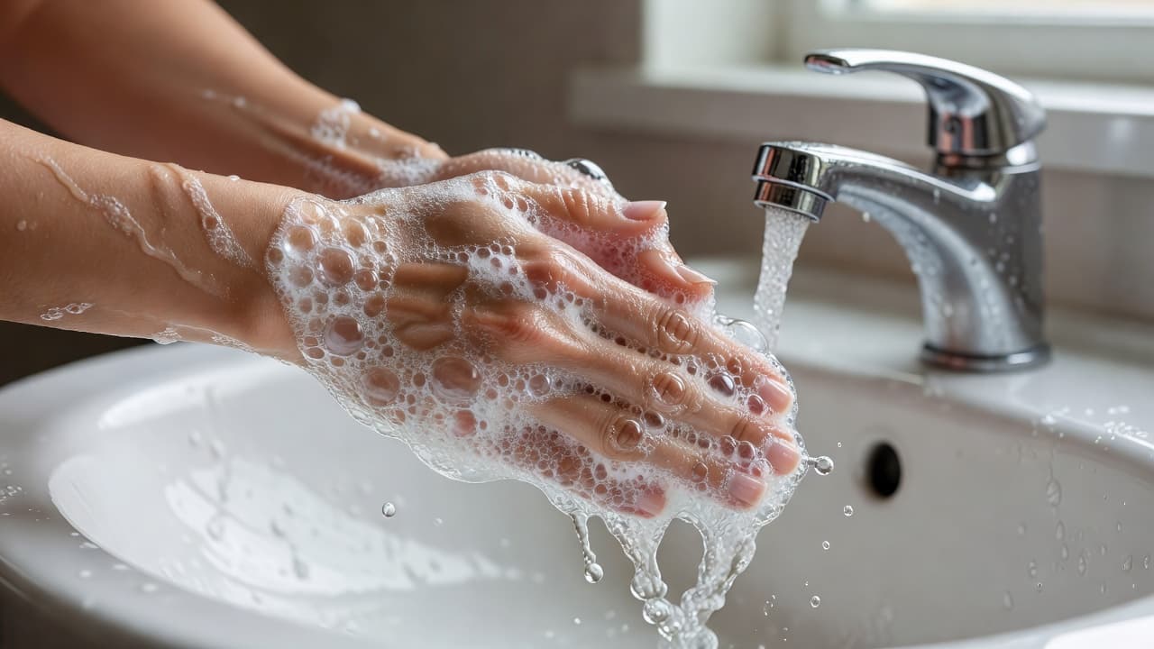 Handontsmetter vs Seep: Wanneer Elke Keuse Reg Is Natuurlike Medisyne 'n Persoon was hande met skuimende seep by 'n skoon sink.