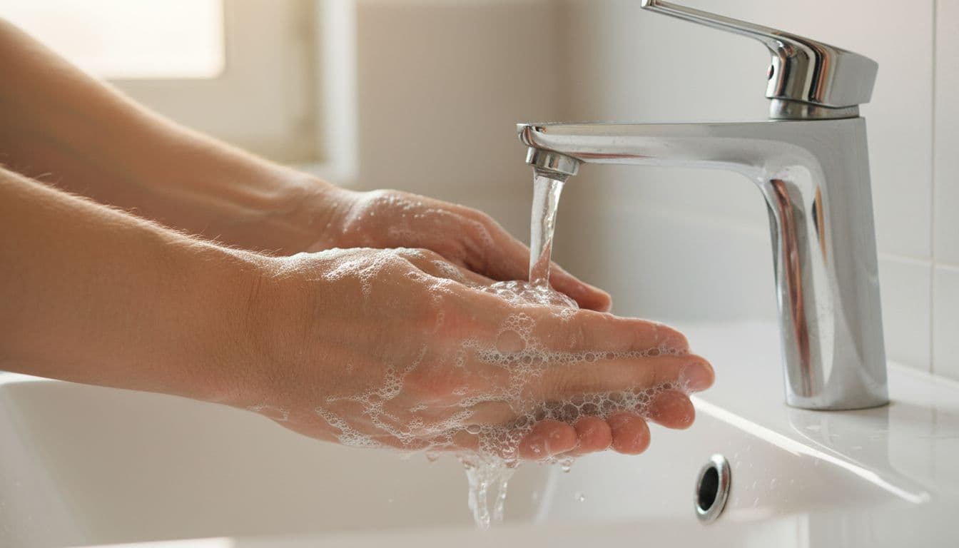 Pair of hands washing under clear running water at a sink with soap bubbles.
