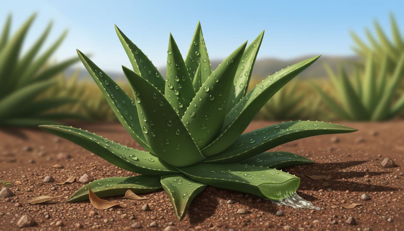 A healthy aloe vera plant growing in a sunny South African garden with thick green succulent leaves, dew drops, and one cut leaf showing clear inner gel in a natural outdoor setting.
