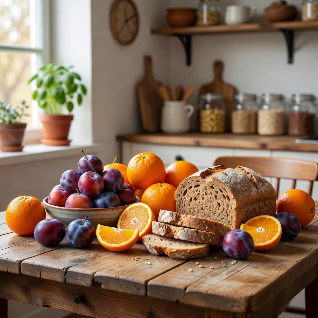 A wooden table displays a rustic loaf of whole grain bread alongside fresh oranges and plums. Soft morning sunlight illuminates the natural textures of the fruit skins and crusty bread surface.