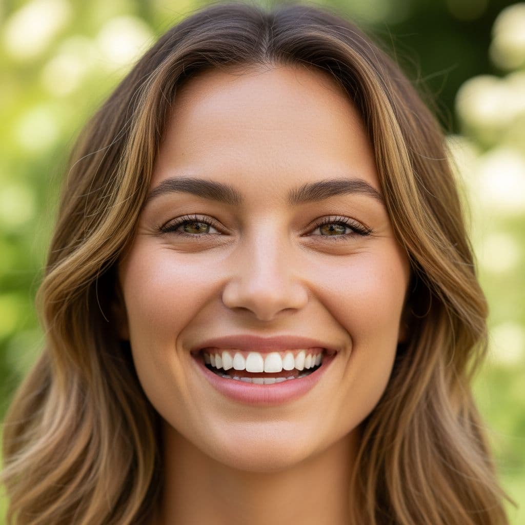 A close up view of a woman with a bright, joyful expression showing clear skin. Her face is illuminated by soft natural light that highlights a smooth and hydrated complexion.