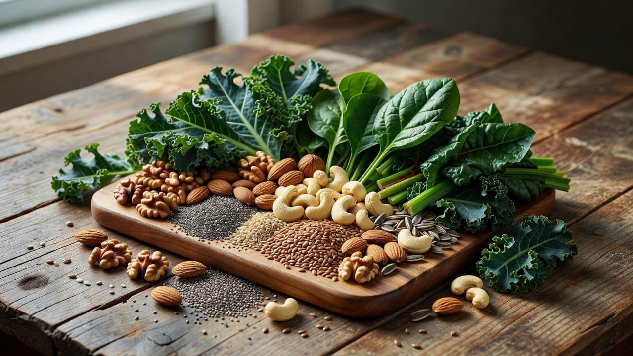 Kopertekort simptome: wat bleek vel en moegheid kan verduidelik Natuurlike Medisyne A rustic wooden table displays a wooden platter filled with various nuts, seeds, and fresh dark leafy greens. Soft natural light illuminates the fresh ingredients, creating a serene and healthy atmosphere.