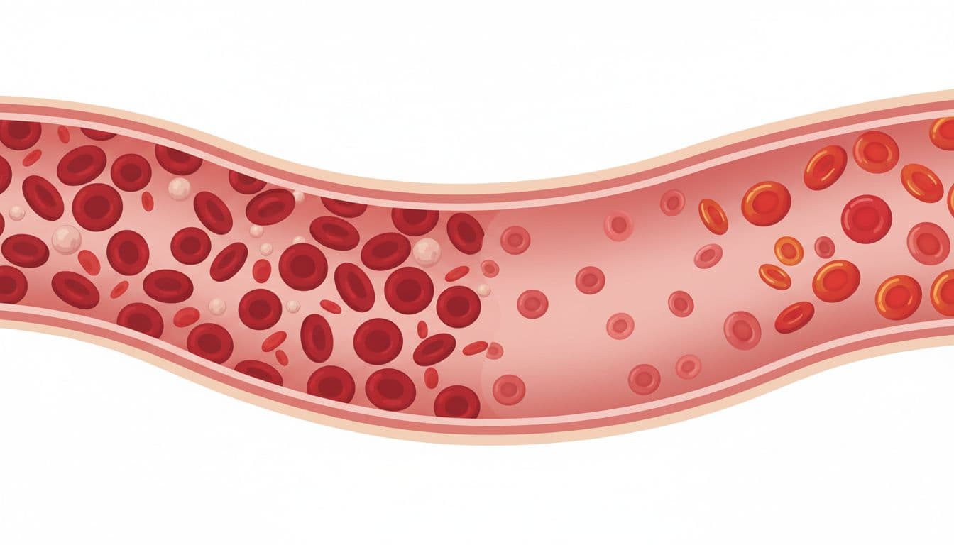 Flat illustration comparing healthy blood cells to low-count anemic cells flowing through veins in a human arm cross-section, using simple red and neutral tones in an educational medical style, with brighter cells implying symptom relief from natural remedies.
