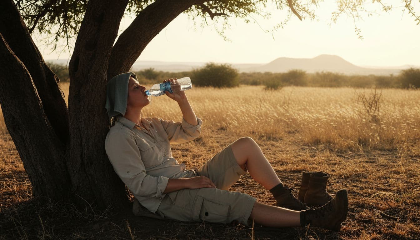 A single person rests relaxed in the shadow of a tree in the South African veld, drinking cool water from a bottle with a wet cloth on their forehead, against a warm sunny background in realistic style with natural lighting.