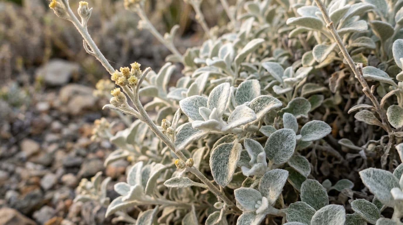 Macro close-up of drought-adapted silver foliage textures of Helichrysum petiolare in a dry South African rock garden, featuring fine hairs on leaves and stems with small flowers against a blurred gravel background. Photorealistic high-resolution image with extreme close focus on natural textures under soft golden light.