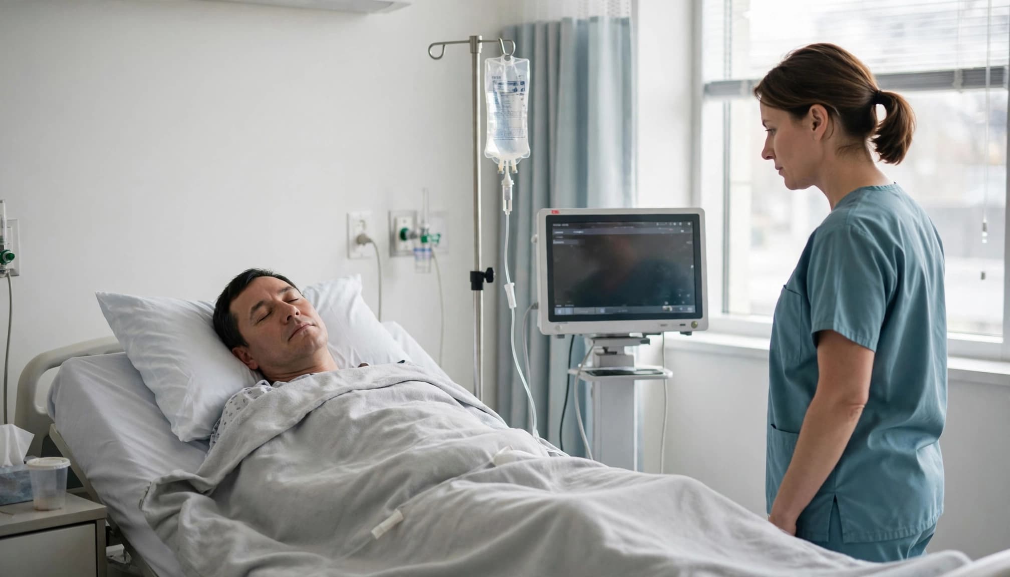 'n Pasiënt rus in 'n hospitaalbed terwyl 'n gesondheidswerker die bedmonitor nagaan.