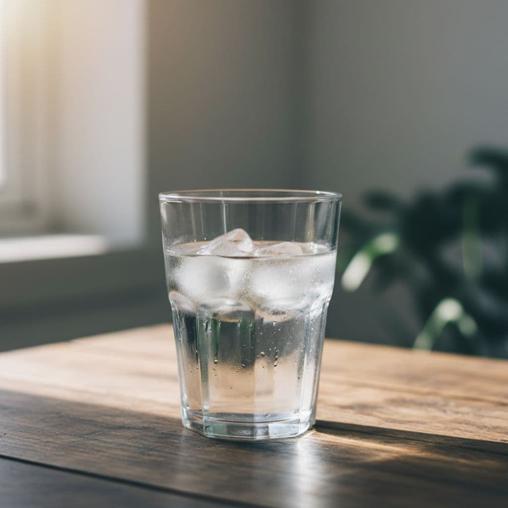 Clear glass of water with ice cubes on a rustic wooden table.