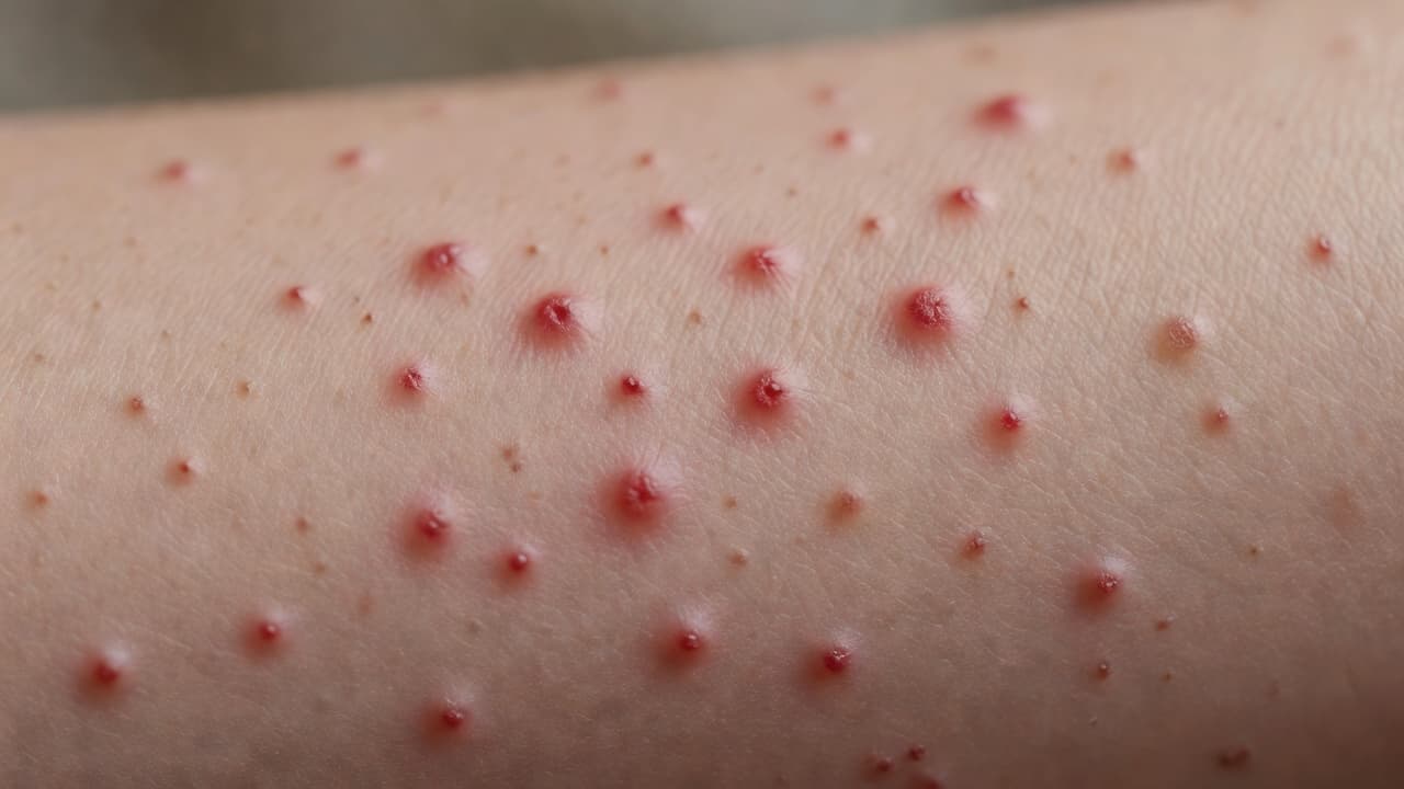 Weeluise of muskietbyte: hoe sien jy die verskil? Natuurlike Medisyne Die nabyfoto toon 'n gedeelte van menslike vel wat met verskeie klein rooi bultjies bedek is. Die tekstuur van die vel is duidelik sigbaar in die sagte, natuurlike lig van die vertrek.