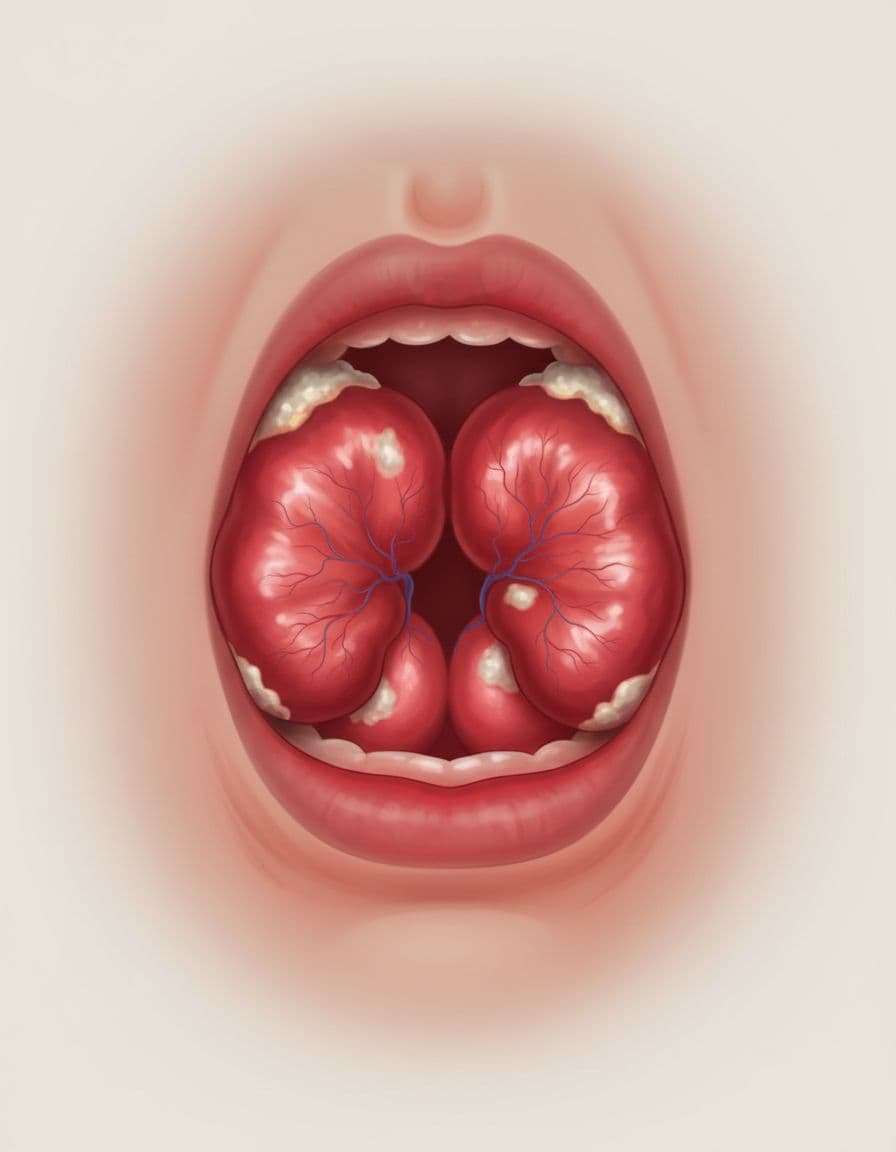 Close-up of swollen red tonsils in child's throat with detailed anatomy.