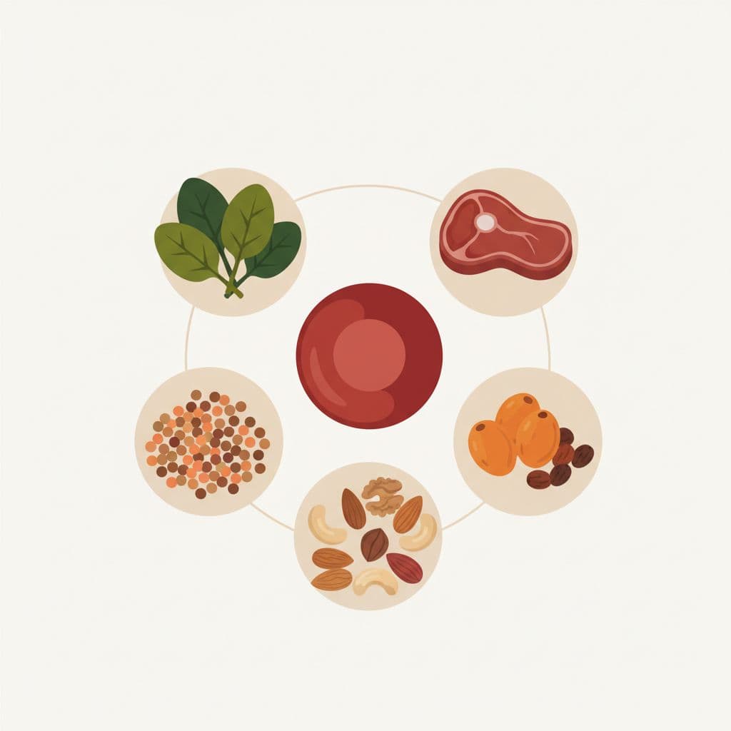 Infographic icons of iron-rich foods such as spinach leaves, red meat, lentils, nuts, and dried fruits arranged around a blood cell in simple flat illustrations using red and neutral tones for a clean medical educational style.