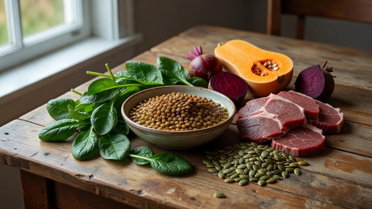 Ystertekort simptome agter koue hande en uitputting Natuurlike Medisyne A rustic wooden tabletop displays a nutritious arrangement of green spinach, brown lentils, lean red meat, and crunchy pumpkin seeds. Soft natural light illuminates the vibrant ingredients to highlight their freshness.
