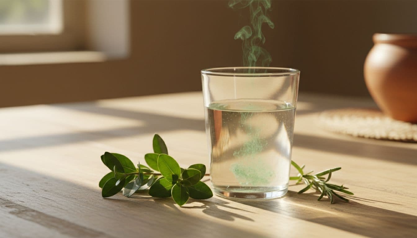 Clear glass of warm water with dissolving ferrous sulfate crystals and green boegoe leaves on wooden kitchen table.