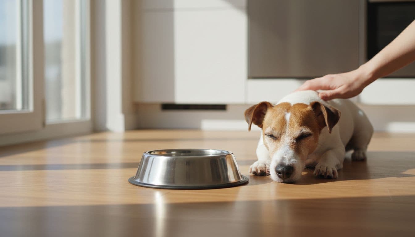 Jack Russell terrier lies calmly on kitchen floor beside fresh water bowl, petted by partially hidden hand in warm daylight.