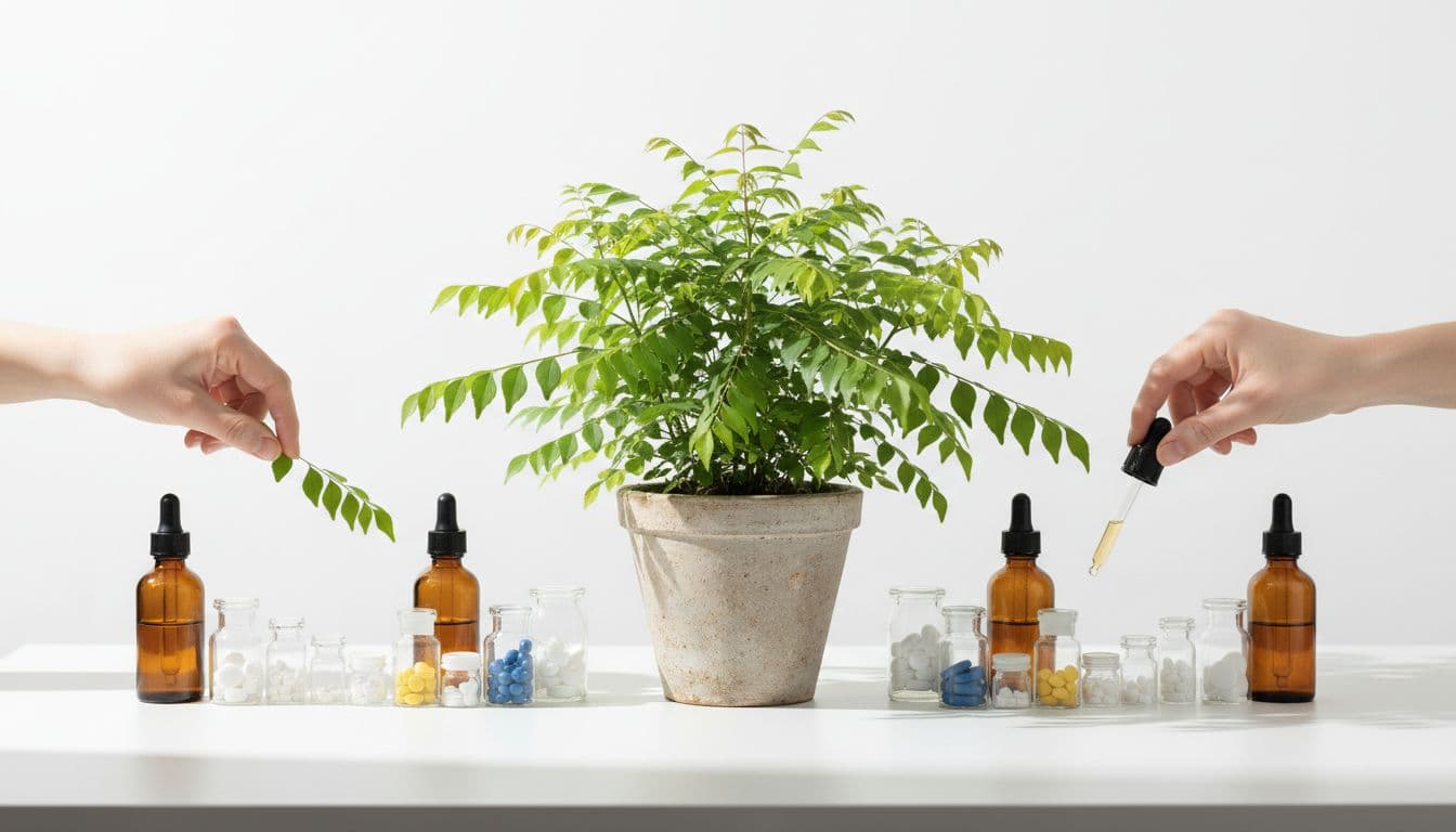 Table with kerriebos herbs, pills, and medication bottles arranged symmetrically on white background.