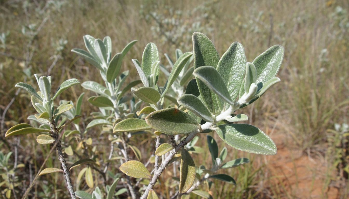 Close-up of green oily Kerriebos leaves and stems in natural South African veld.