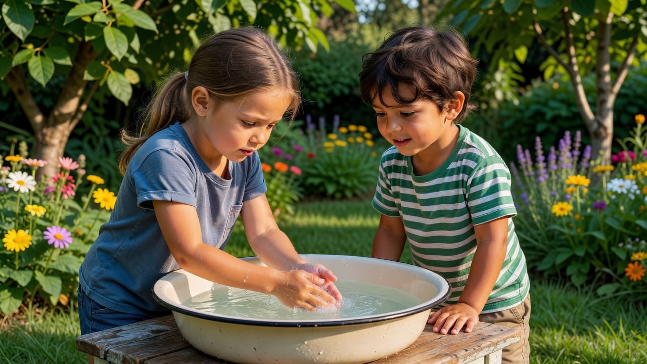 Impetigo tekens en hoe om verspreiding tuis te keer Natuurlike Medisyne Twee kinders speel vrolik in 'n sonnige tuin terwyl een kind versigtig hande was in 'n klein wasbak. Die toneel beklemtoon gesonde higiënepraktyke gedurende hul buitelug-avonture in natuurlike daglig.