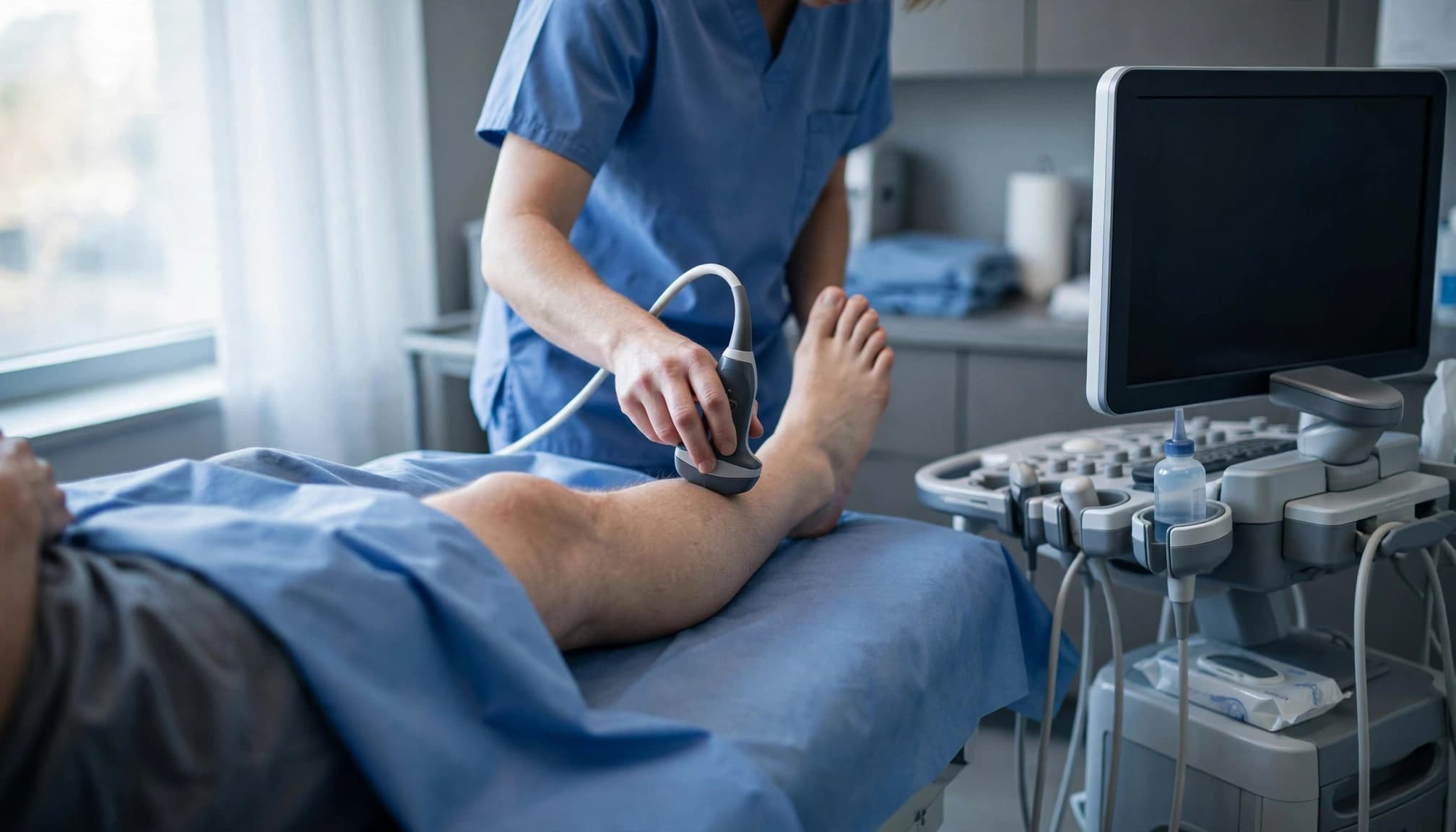 'n Klinikus skandeer 'n pasiënt se kuit met 'n ultraklanksonde.