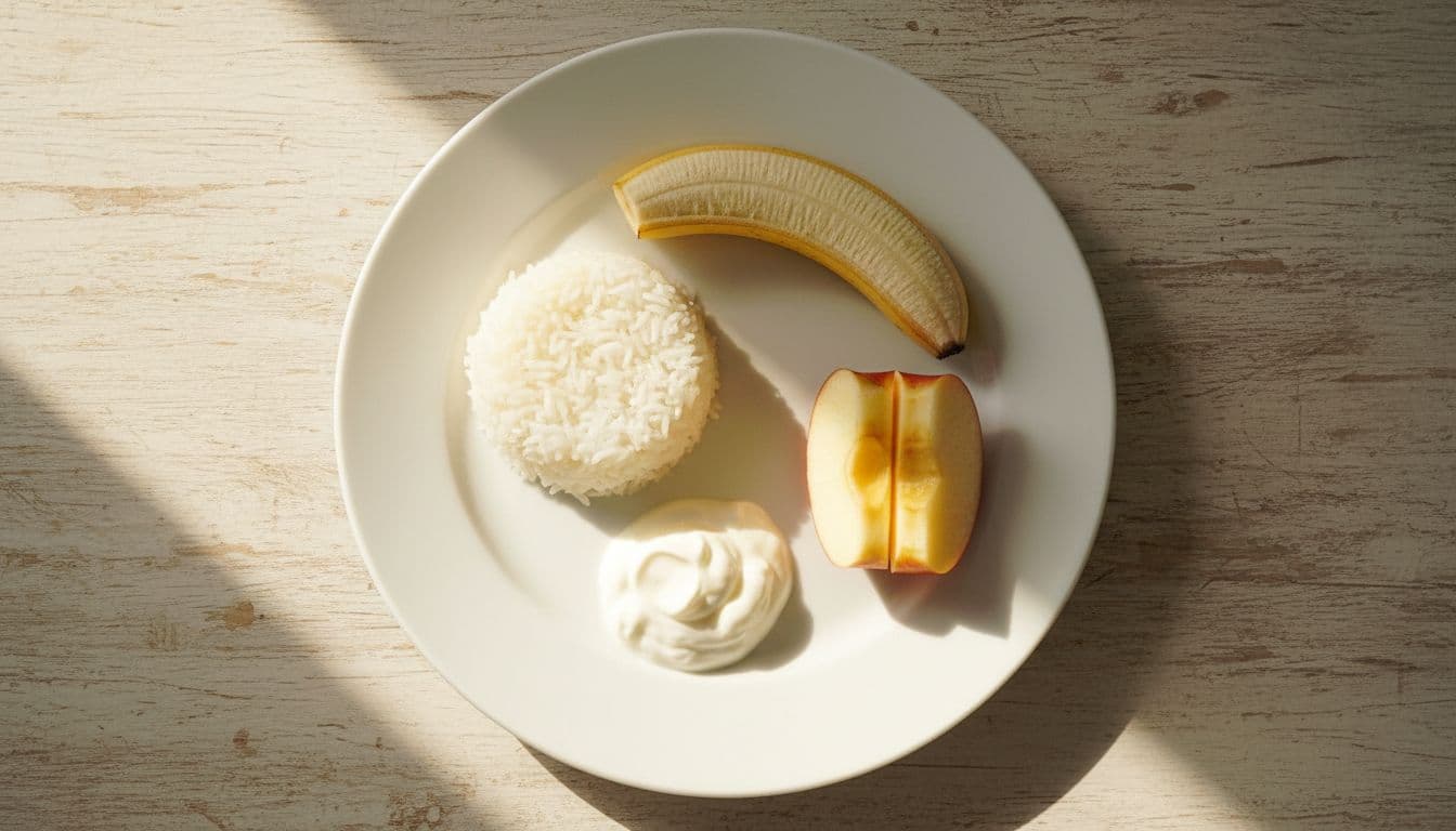 Cooked rice, banana piece, applesauce, and yogurt neatly arranged on white plate atop wooden table, top view.