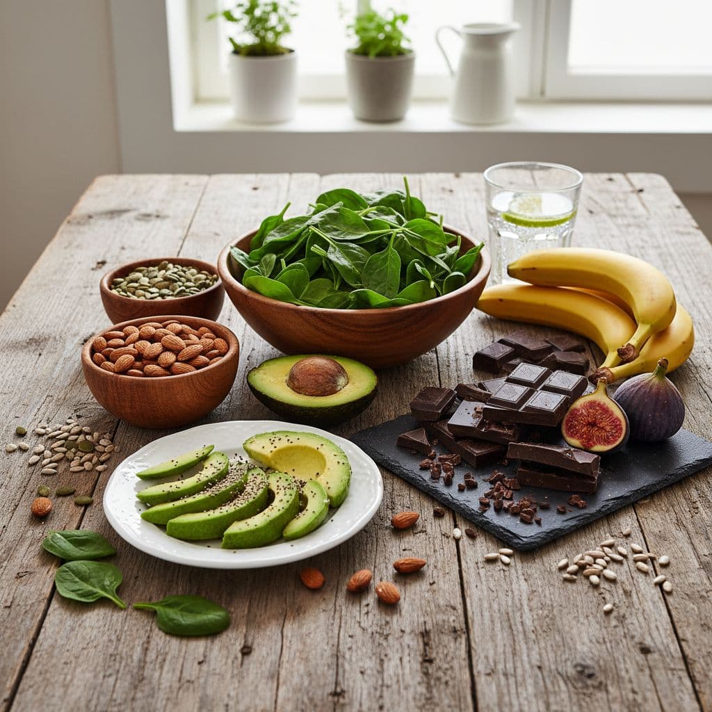 Magnesiumtekort simptome wat spiertrekkings en moegheid kan verklaar Natuurlike Medisyne A rustic wooden table features fresh spinach, almonds, avocado, and dark chocolate pieces.