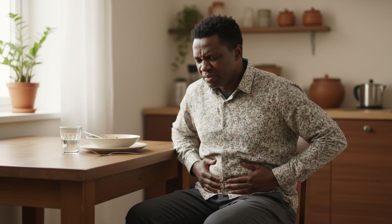 Middle-aged South African person sits at kitchen table clutching stomach in discomfort.