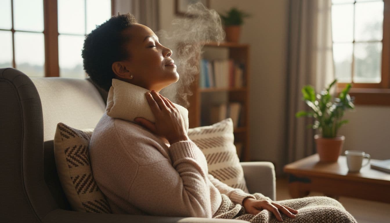 Middle-aged person sits in cozy living room applying cloth-wrapped warm compress to neck, relaxed expression.